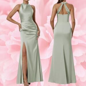AW BRIDAL SZ 6 S sage green satin charmeuse Maharaol formal maxi dress NEW b53